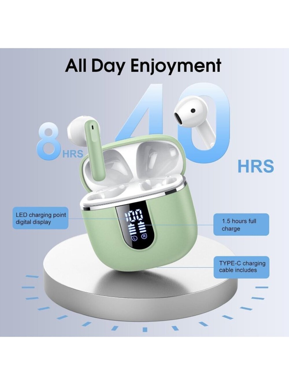 Wireless Green 40H Playtime 4 ENC Noise Cancelling Mic Bluetooth 5.4 Earbud - Picture 4 of 7